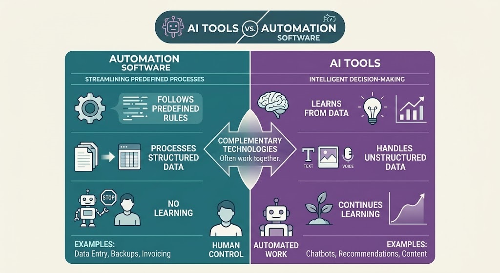 Difference Between AI Tools Vs Automation Software - infographic